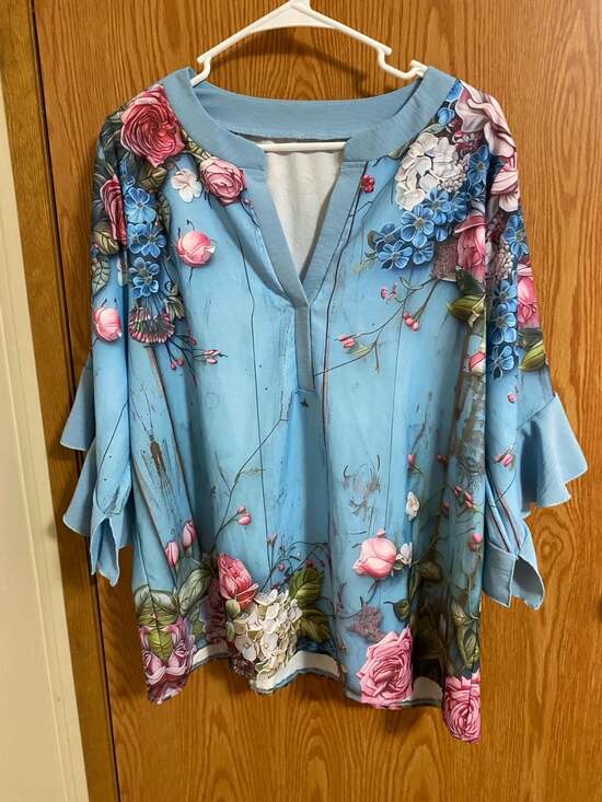 Unknown Tops - Women's V-Neck Ruffle Sleeve Floral Print Blue cottagecore Size XL